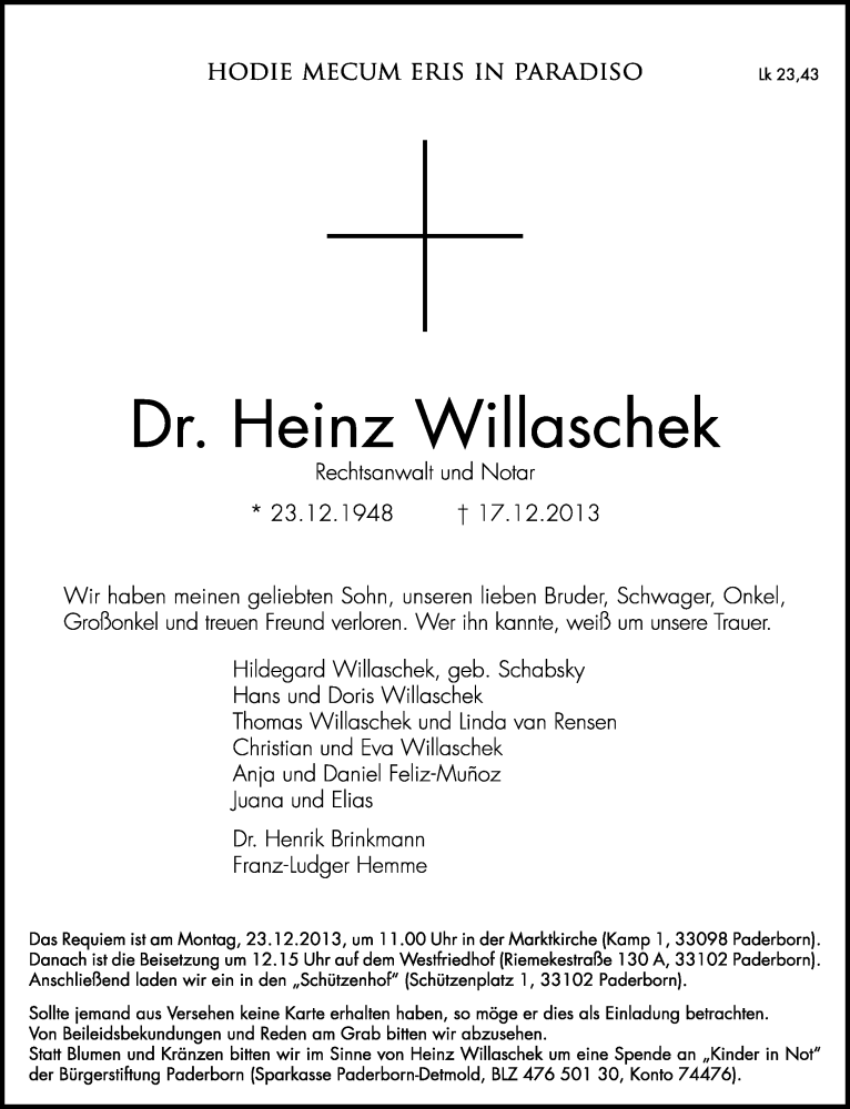  Traueranzeige für Heinz Willaschek vom 20.12.2013 aus Neue Westfälische