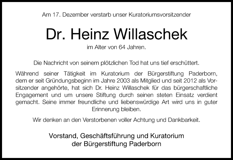  Traueranzeige für Heinz Willaschek vom 21.12.2013 aus Neue Westfälische