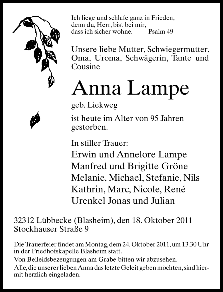  Traueranzeige für Anna Lampe vom 20.10.2011 aus Neue Westfälische