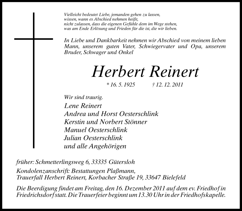  Traueranzeige für Herbert Reinert vom 14.12.2011 aus Neue Westfälische