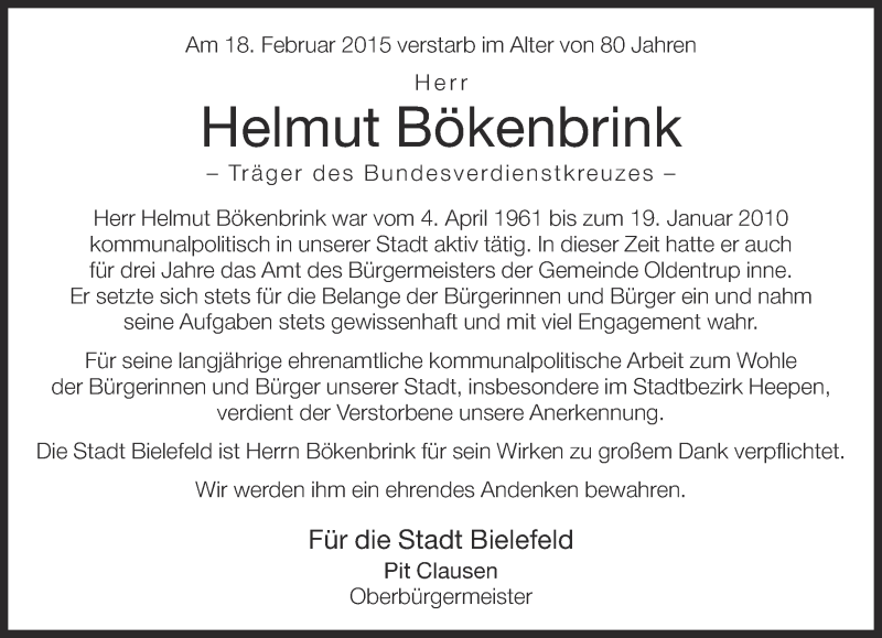  Traueranzeige für Helmut Bökenbrink vom 27.02.2015 aus Neue Westfälische