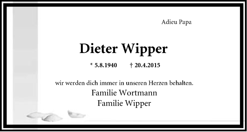  Traueranzeige für Dieter Wipper vom 25.04.2015 aus Neue Westfälische