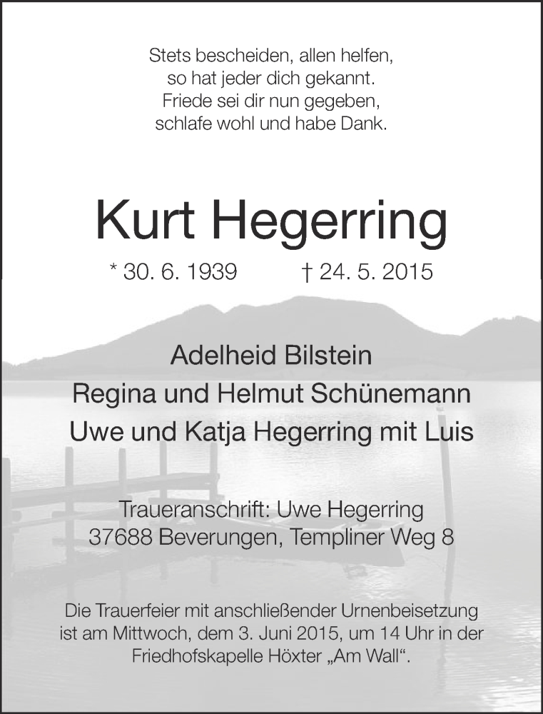  Traueranzeige für Kurt Hegerring vom 27.05.2015 aus Neue Westfälische