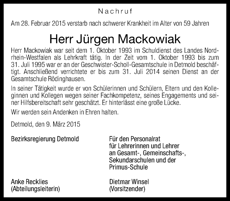  Traueranzeige für Jürgen Mackowiak vom 19.03.2015 aus Neue Westfälische