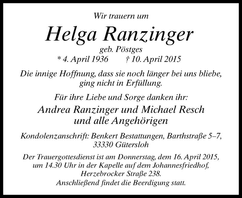  Traueranzeige für Helga Ranzinger vom 11.04.2015 aus Neue Westfälische