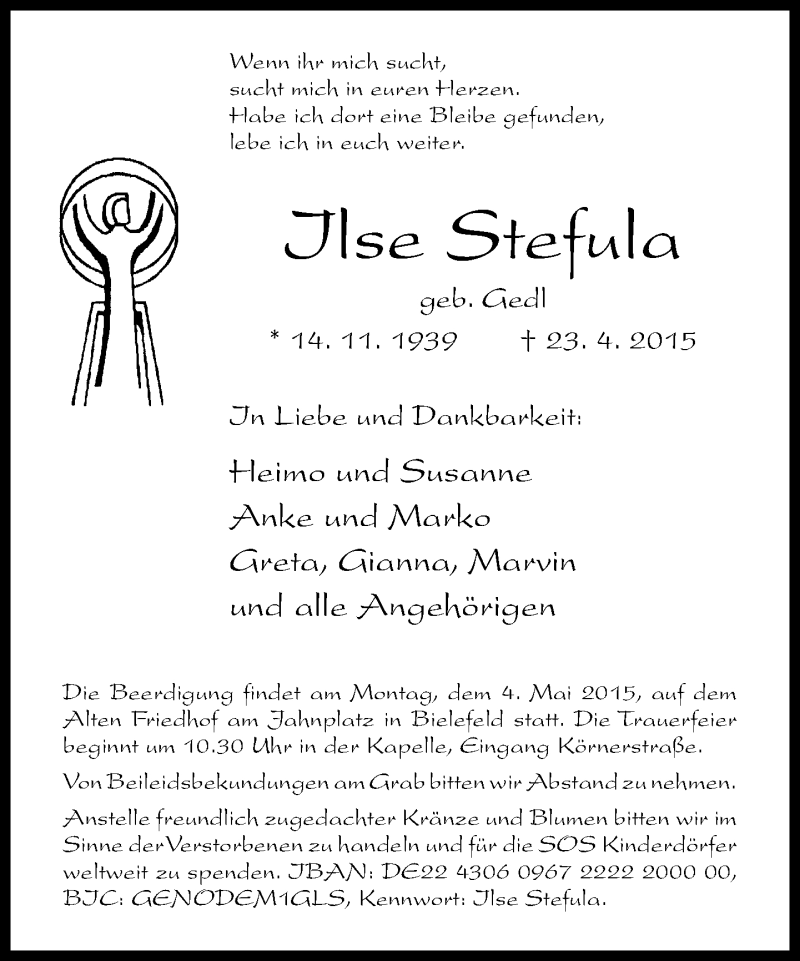 Traueranzeige für Ilse Stefula vom 27.04.2015 aus Neue Westfälische