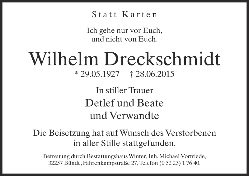  Traueranzeige für Wilhelm Dreckschmidt vom 04.07.2015 aus Neue Westfälische