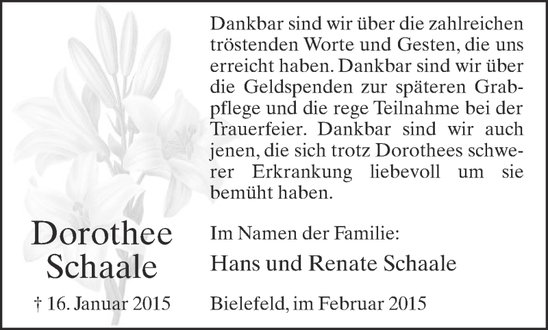  Traueranzeige für Dorothee Schaale vom 14.02.2015 aus Neue Westfälische