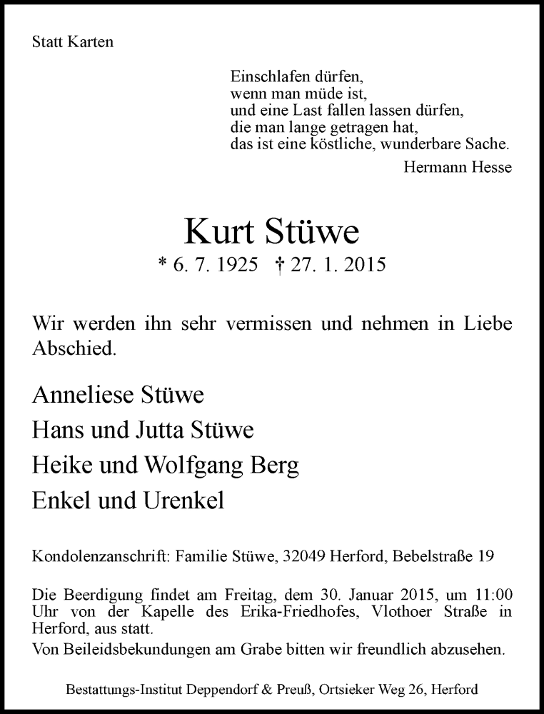  Traueranzeige für Kurt Stüwe vom 28.01.2015 aus Neue Westfälische