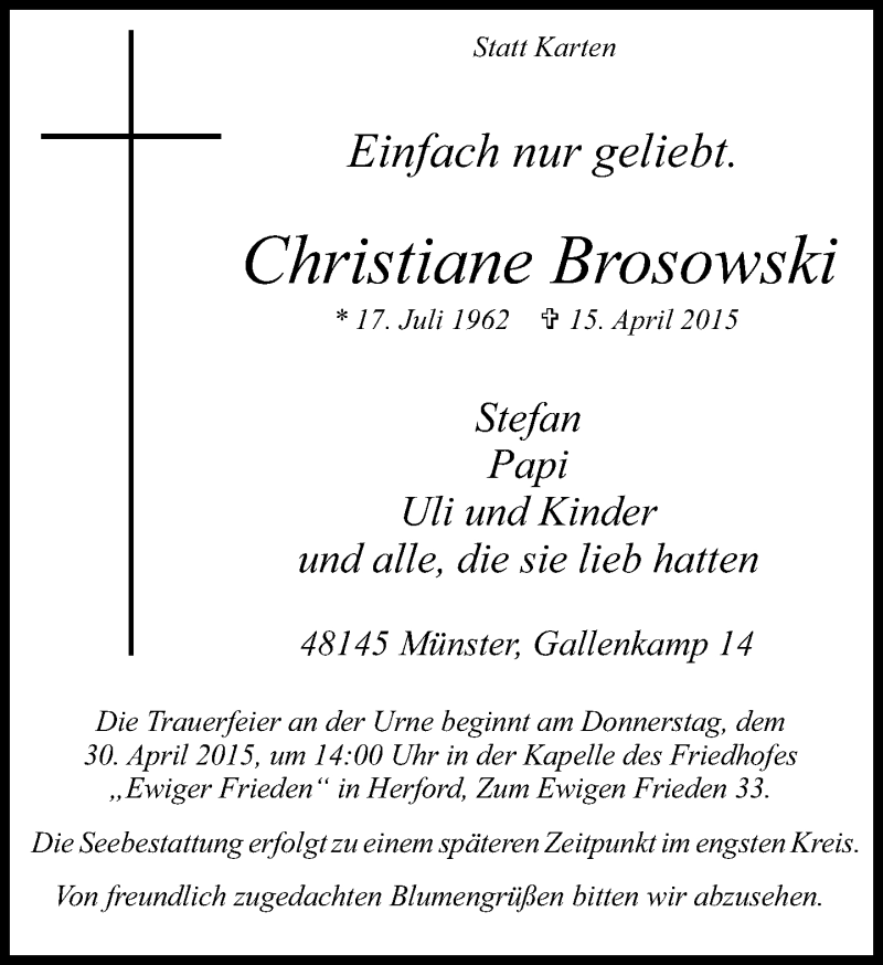  Traueranzeige für Christiane Brosowski vom 18.04.2015 aus Neue Westfälische
