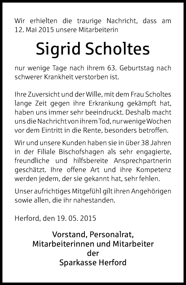  Traueranzeige für Sigrid Scholtes vom 20.05.2015 aus Neue Westfälische