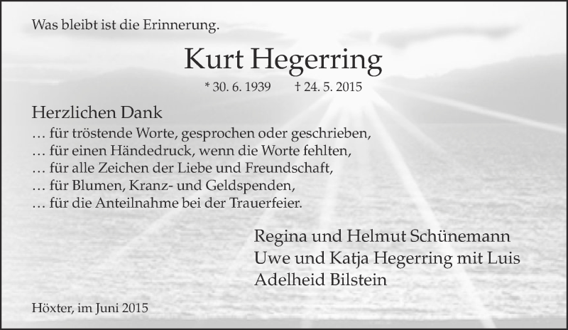  Traueranzeige für Kurt Hegerring vom 20.06.2015 aus Neue Westfälische