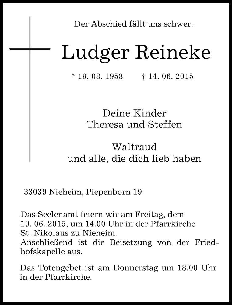  Traueranzeige für Ludger Reineke vom 16.06.2015 aus Neue Westfälische