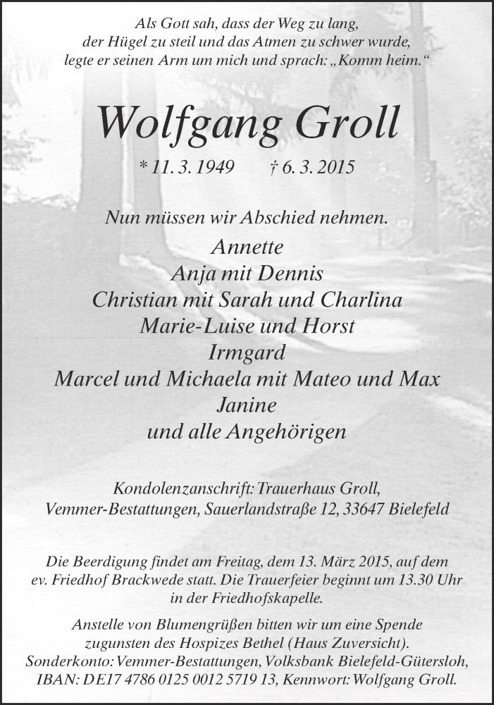 Traueranzeige für Wolfgang Groll vom 11.03.2015 aus Neue Westfälische