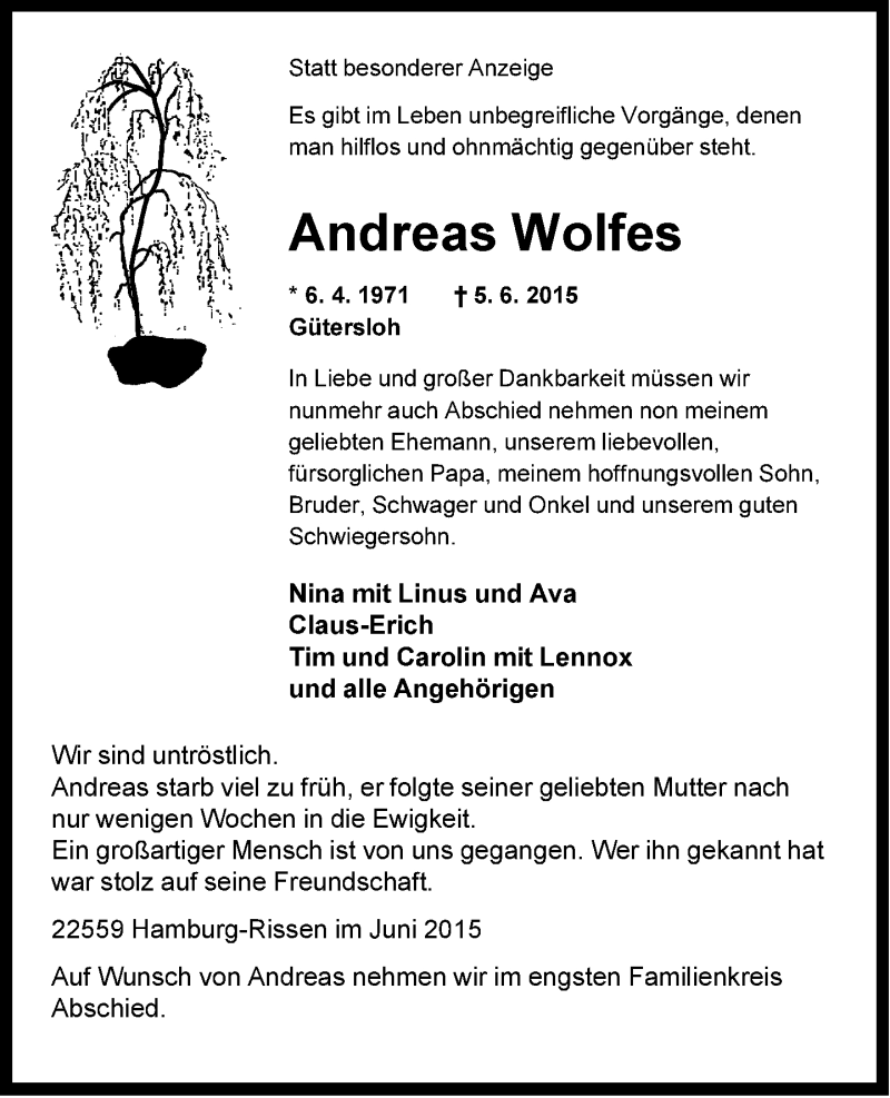  Traueranzeige für Andreas Wolfes vom 08.06.2015 aus Neue Westfälische