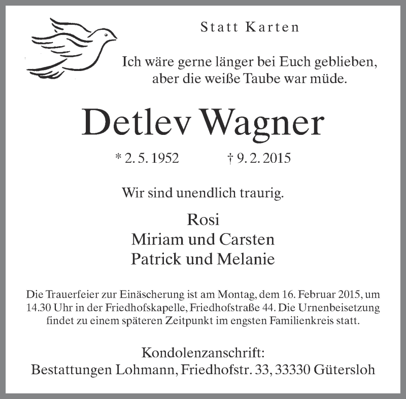  Traueranzeige für Detlev Wagner vom 12.02.2015 aus Neue Westfälische