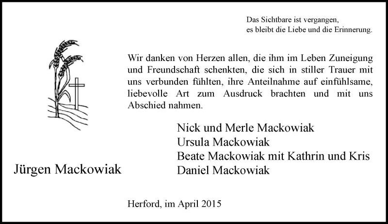  Traueranzeige für Jürgen Mackowiak vom 11.04.2015 aus Neue Westfälische