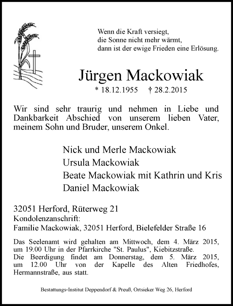  Traueranzeige für Jürgen Mackowiak vom 03.03.2015 aus Neue Westfälische