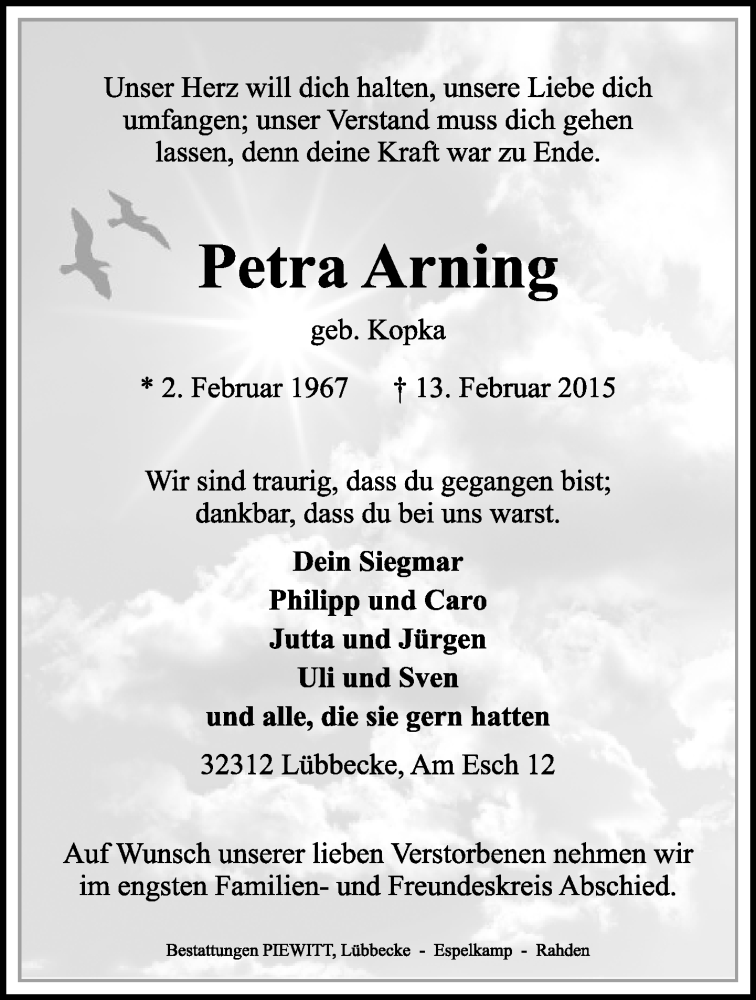  Traueranzeige für Petra Arning vom 16.02.2015 aus Neue Westfälische