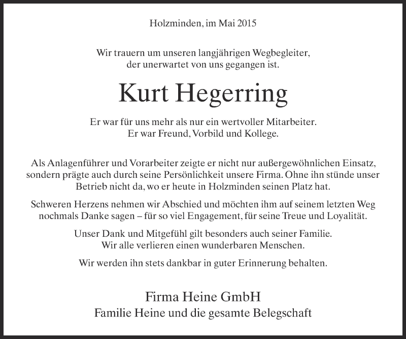  Traueranzeige für Kurt Hegerring vom 29.05.2015 aus Neue Westfälische