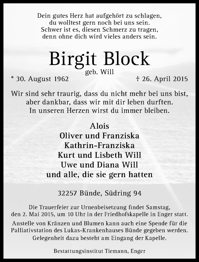  Traueranzeige für Birgit Block vom 28.04.2015 aus Neue Westfälische