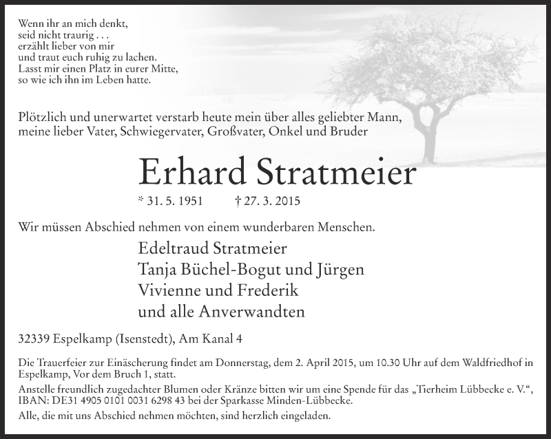  Traueranzeige für Erhard Stratmeier vom 30.03.2015 aus Neue Westfälische