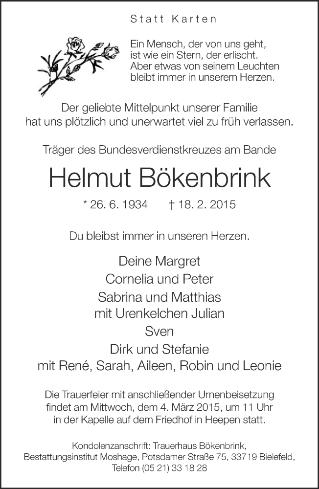  Traueranzeige für Helmut Bökenbrink vom 25.02.2015 aus Neue Westfälische