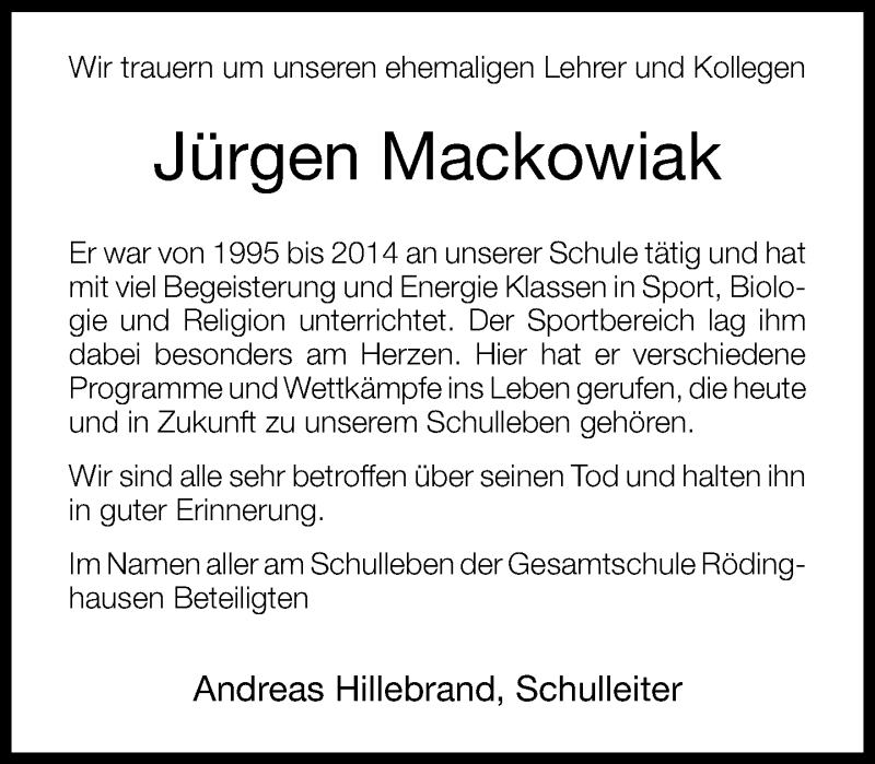 Traueranzeige für Jürgen Mackowiak vom 04.03.2015 aus Neue Westfälische