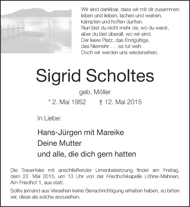 Traueranzeige für Sigrid Scholtes vom 19.05.2015 aus Neue Westfälische