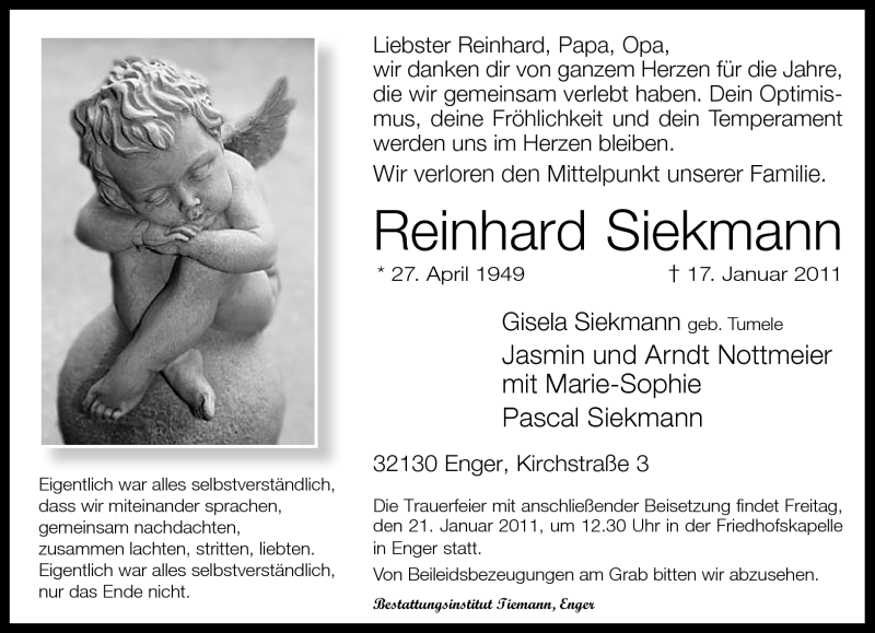  Traueranzeige für Reinhard Siekmann vom 18.01.2011 aus Neue Westfälische