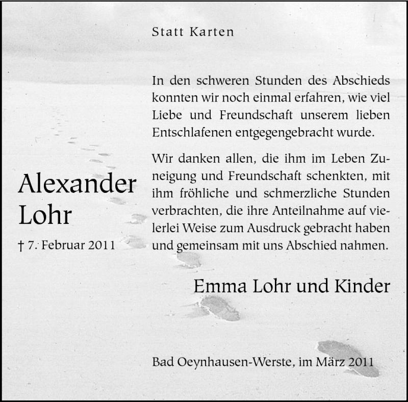  Traueranzeige für Alexander Lohr vom 05.03.2011 aus Neue Westfälische