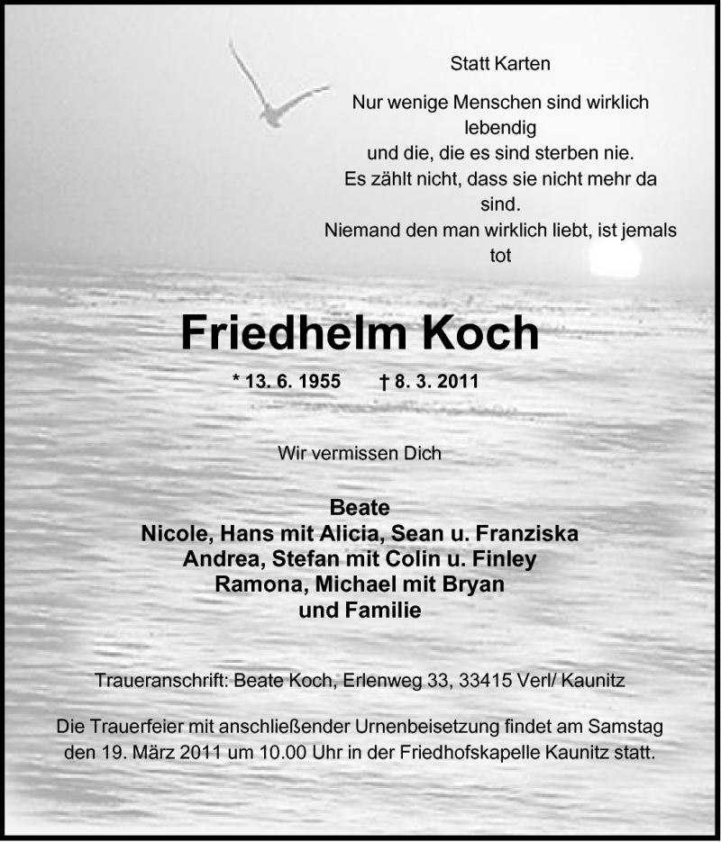  Traueranzeige für Friedhelm Koch vom 16.03.2011 aus Neue Westfälische