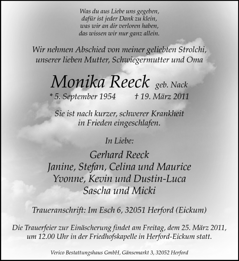  Traueranzeige für Monika Reeck vom 22.03.2011 aus Neue Westfälische