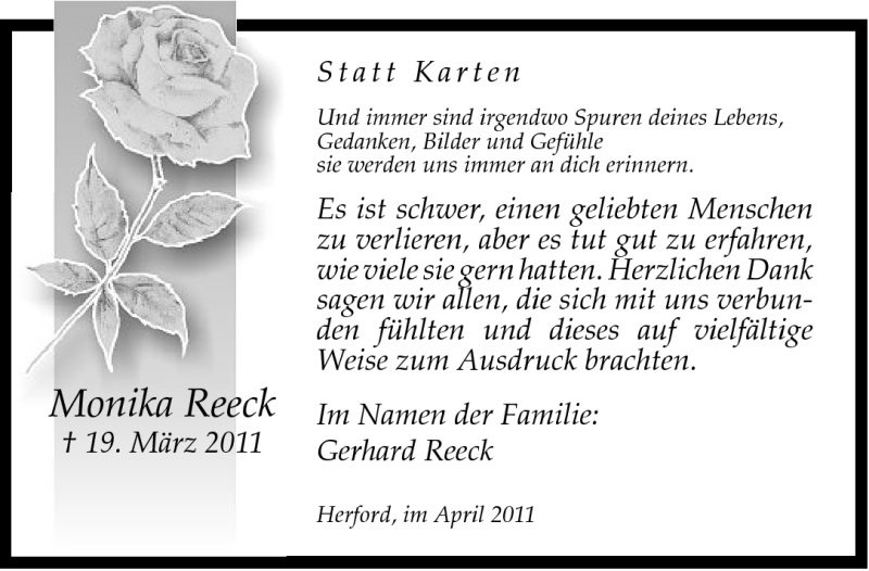  Traueranzeige für Monika Reeck vom 13.04.2011 aus Neue Westfälische