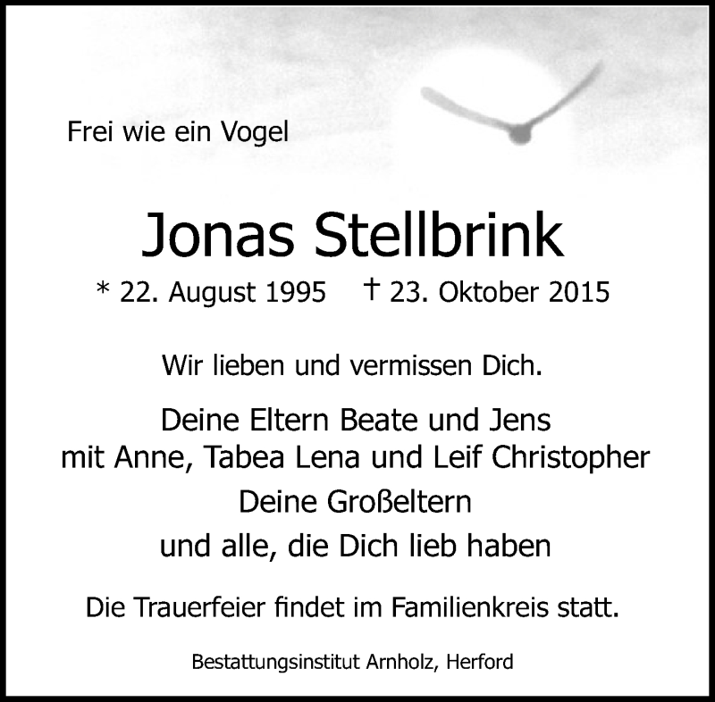  Traueranzeige für Jonas Stellbrink vom 29.10.2015 aus Neue Westfälische