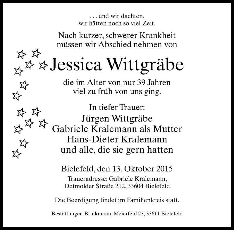 Traueranzeige für Jessica Wittgräbe vom 17.10.2015 aus Neue Westfälische