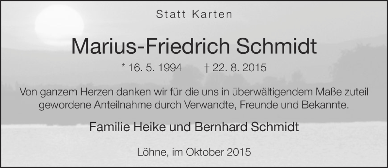  Traueranzeige für Marius-Friedrich Schmidt vom 03.10.2015 aus Neue Westfälische