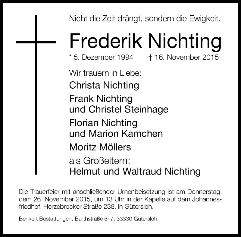  Traueranzeige für Frederik Nichting vom 23.11.2015 aus Neue Westfälische