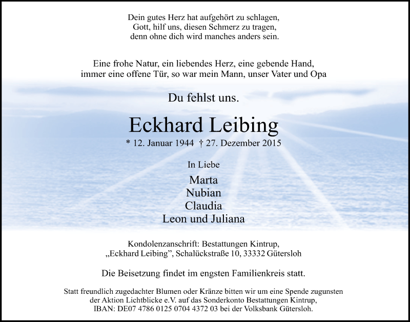  Traueranzeige für Eckhard Leibing vom 31.12.2015 aus Neue Westfälische