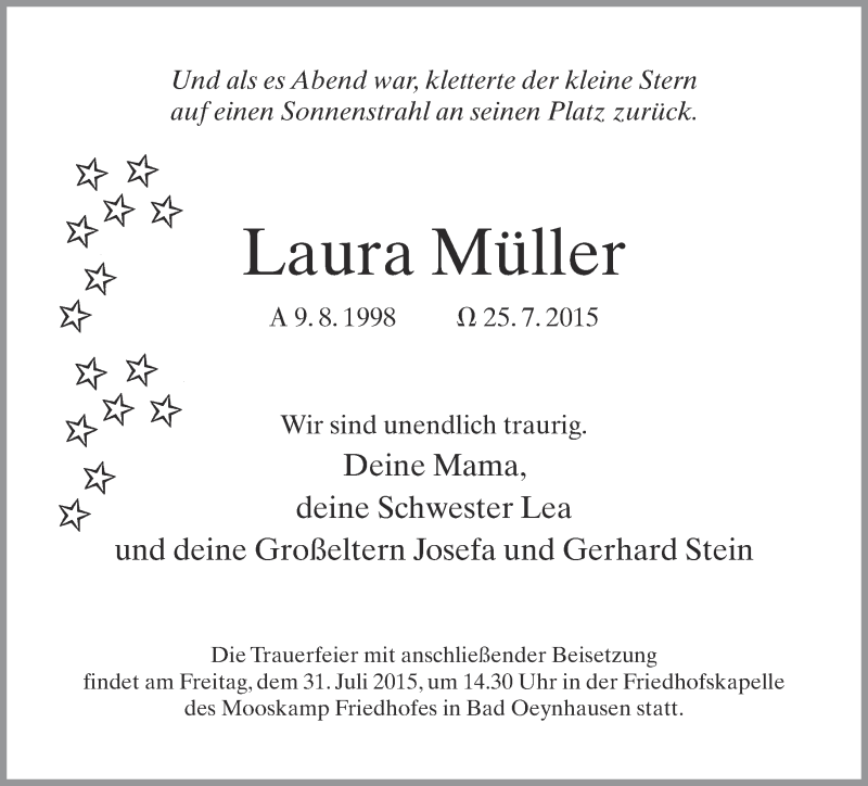  Traueranzeige für Laura Müller vom 28.07.2015 aus Neue Westfälische