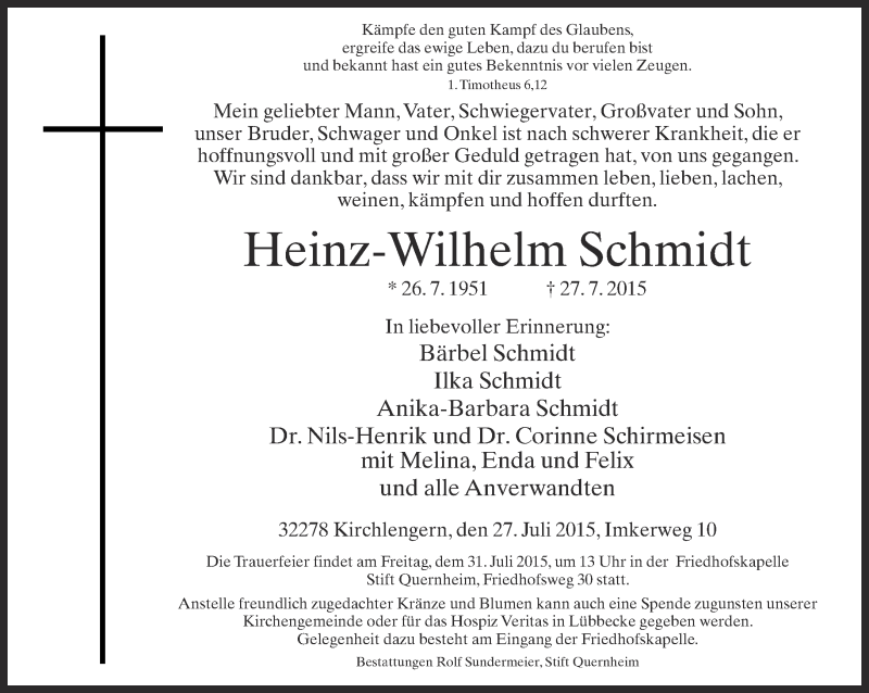  Traueranzeige für Heinz-Wilhelm Schmidt vom 28.07.2015 aus Neue Westfälische