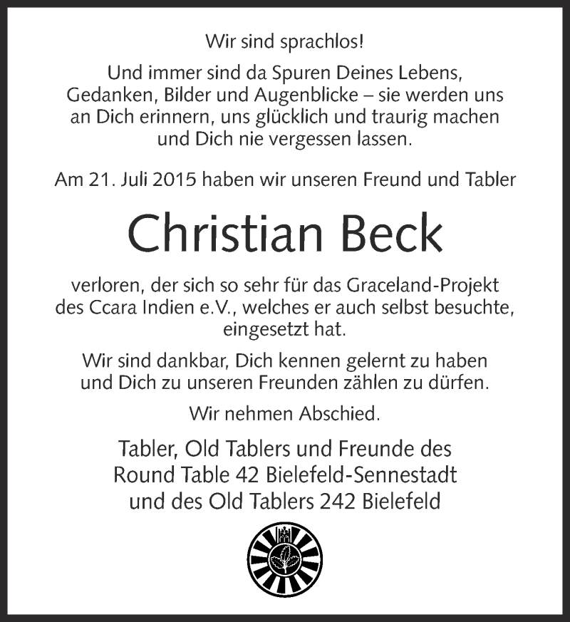  Traueranzeige für Christian Beck vom 30.07.2015 aus Neue Westfälische
