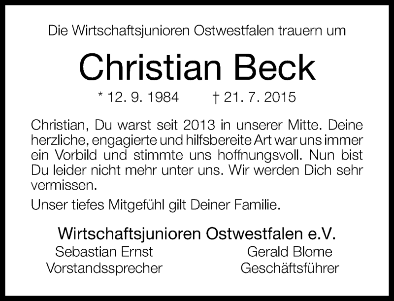  Traueranzeige für Christian Beck vom 29.07.2015 aus Neue Westfälische