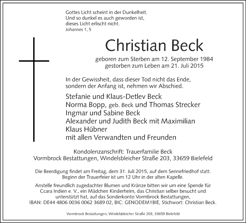  Traueranzeige für Christian Beck vom 25.07.2015 aus Neue Westfälische
