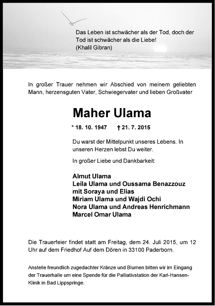  Traueranzeige für Maher Ulama vom 24.07.2015 aus Neue Westfälische