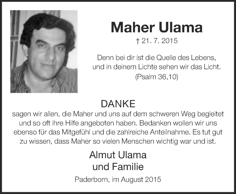  Traueranzeige für Maher Ulama vom 26.08.2015 aus Neue Westfälische