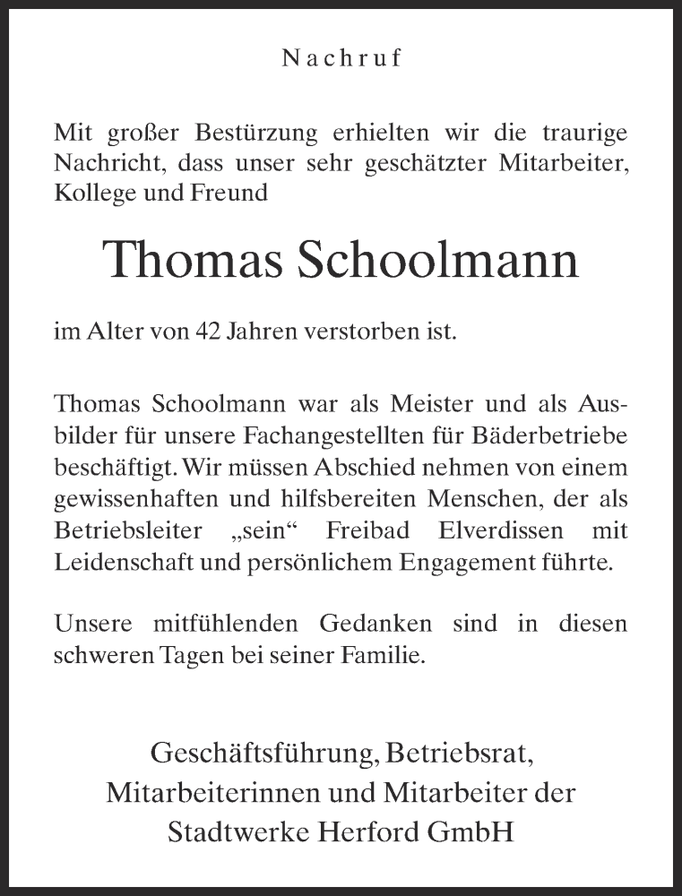  Traueranzeige für Thomas Schoolmann vom 01.08.2015 aus Neue Westfälische