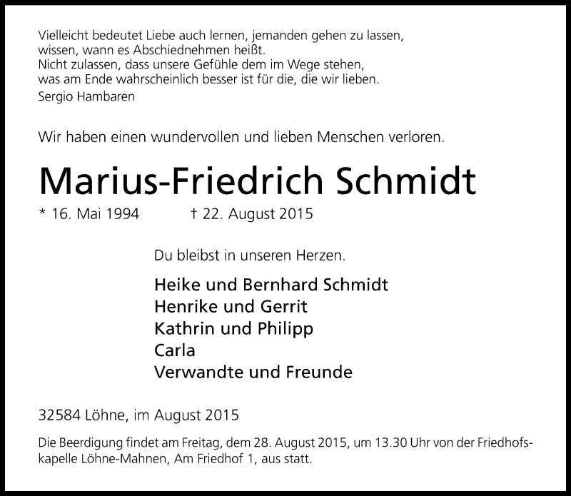  Traueranzeige für Marius-Friedrich Schmidt vom 25.08.2015 aus Neue Westfälische