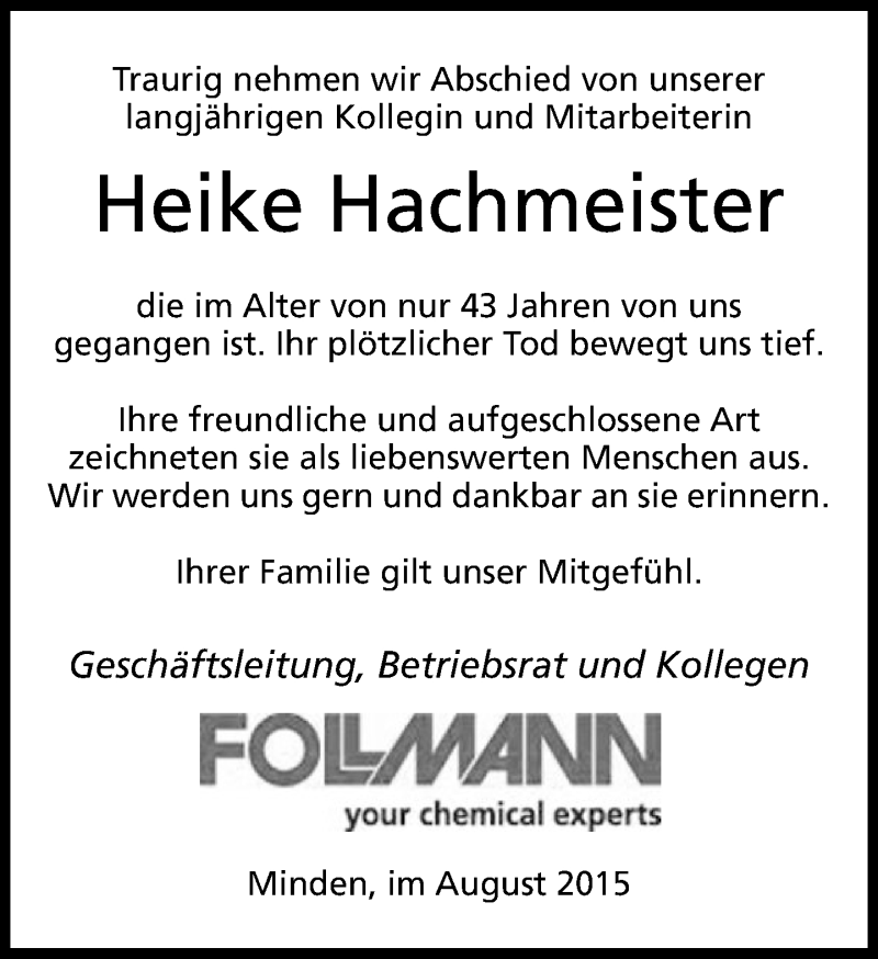  Traueranzeige für Heike Hachmeister vom 29.08.2015 aus Neue Westfälische