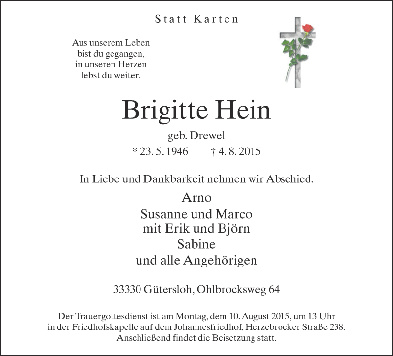  Traueranzeige für Brigitte Hein vom 06.08.2015 aus Neue Westfälische